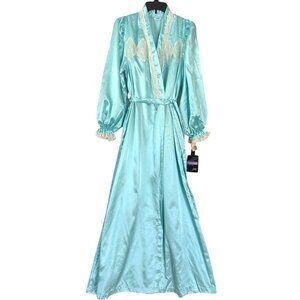 size S Vintage Aqua Satin Robe Lace Trim Silkalure Women's Long Sleeves Belted s